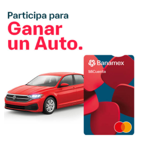 Imagen de un auto rojo con una tarjeta Mi Cuenta Banamex vertical al frente