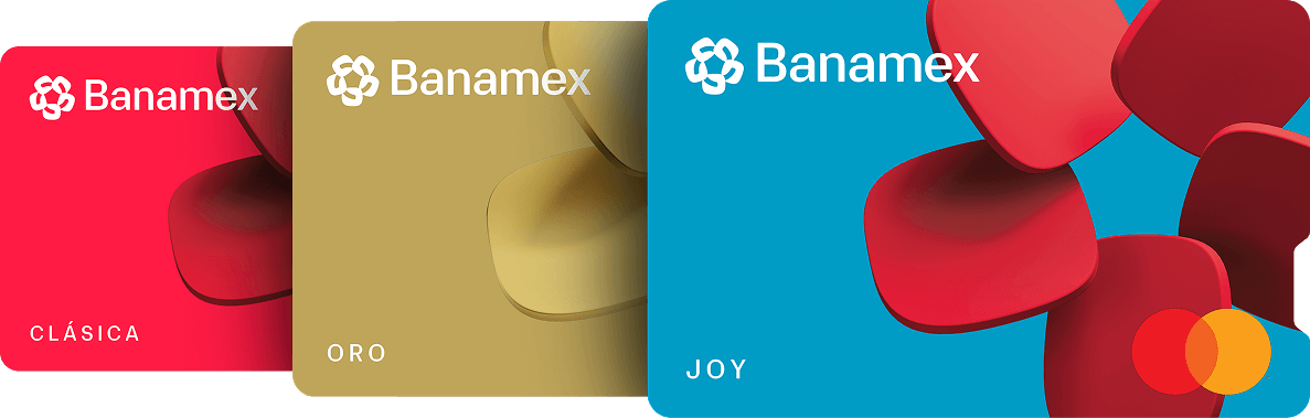Abánico de tarjetas de crédito Clásica, Oro y Joy, dispuestas en perspectiva horizontal.