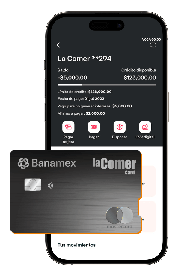 La App Banamex mostrando los detalles de la tarjeta La Comer, con una tarjeta física La Comer Card al frente.